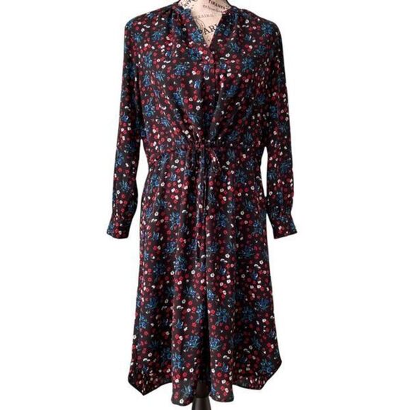Selected Femme Floral Long Sleeve Split Neckline Dress with Tie Waist in Size 34 - Picture 1 of 9